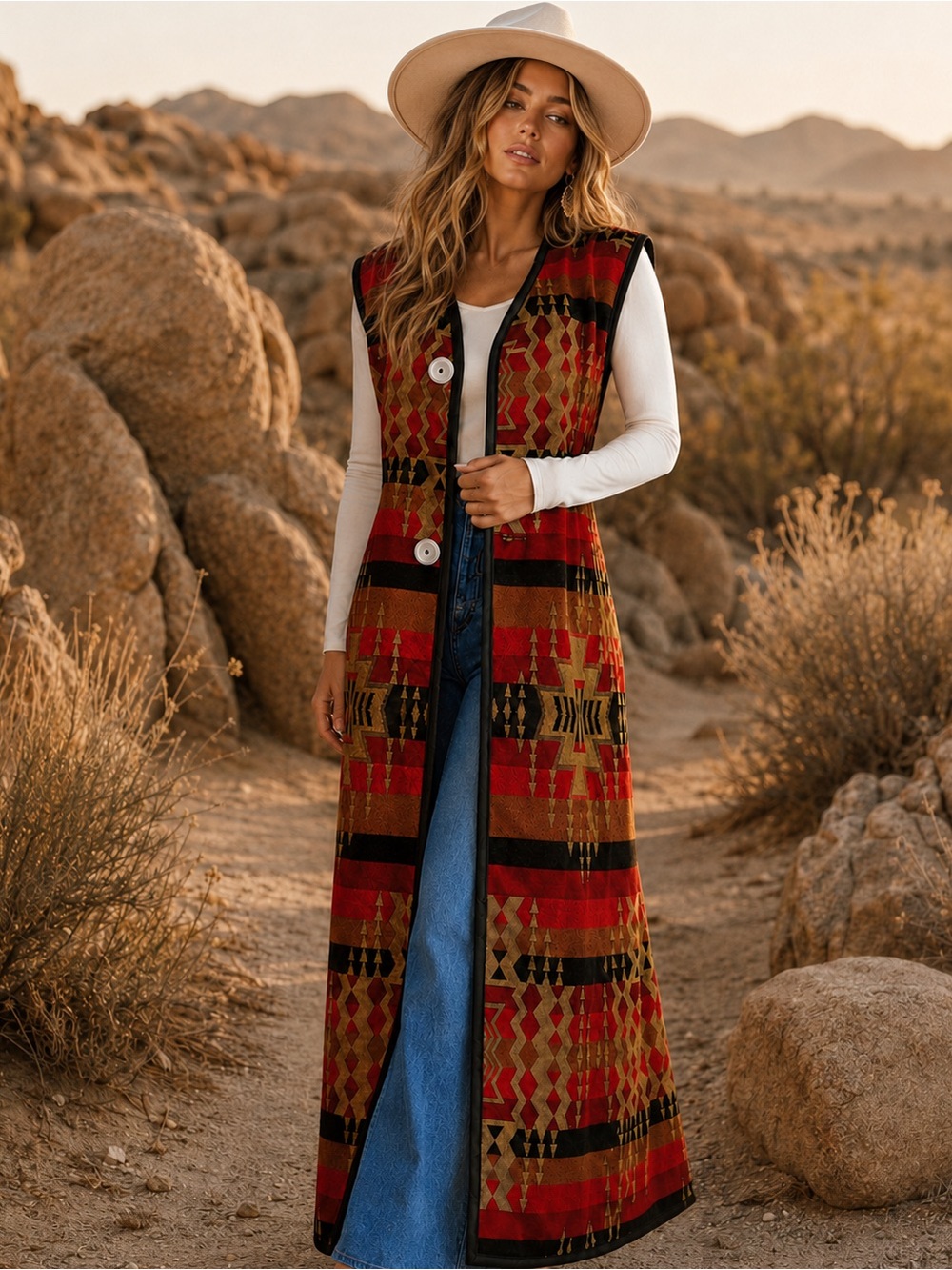 Boho Tribal Print Long Duster Vest in Red and Brown
